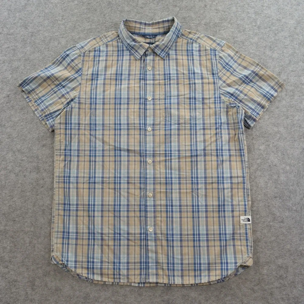 The North Face Shirt Mens Large Blue beige Plaid Short Sleeve Button Up Hiking